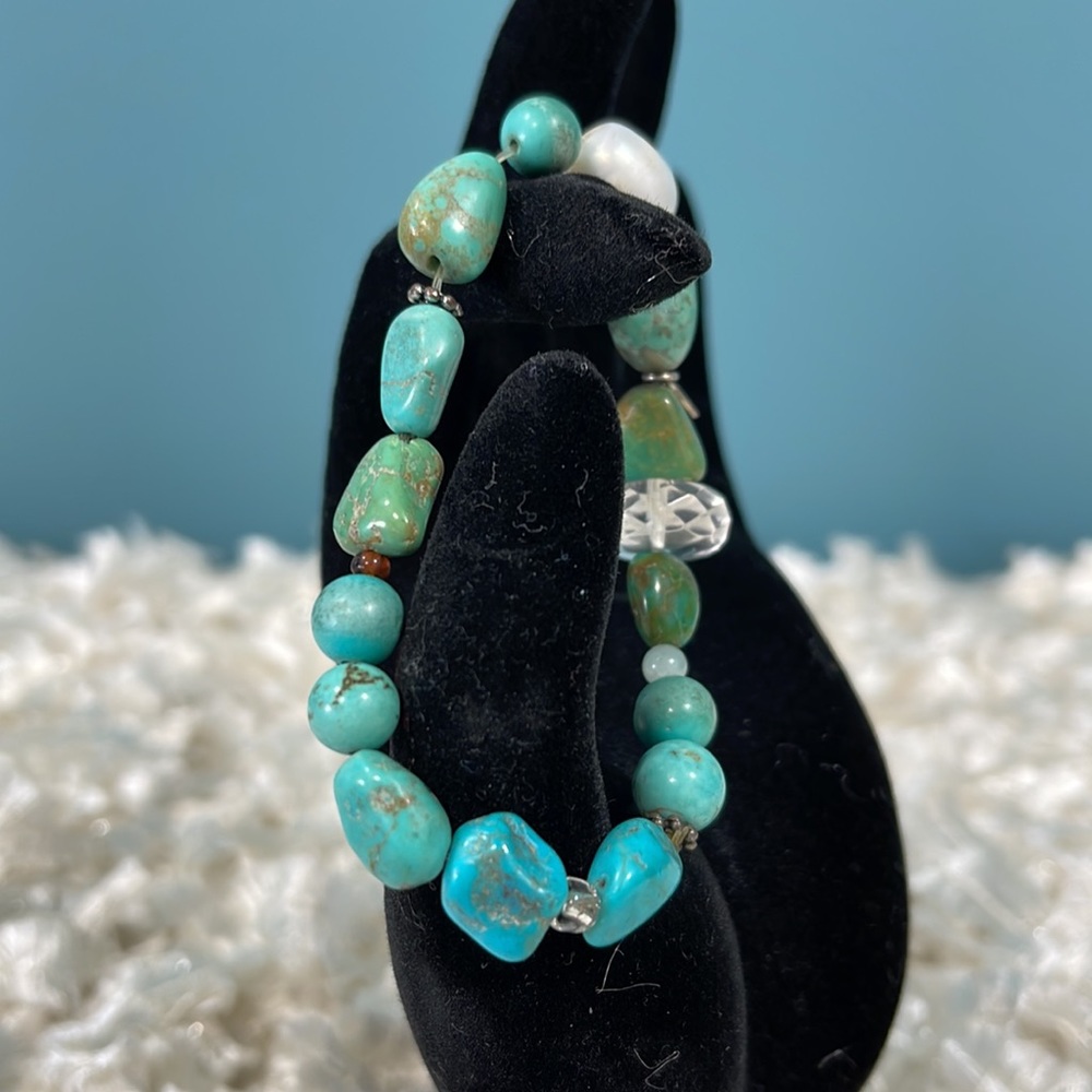 Peyote Bird 925 Silver Vintage Artisan Turquoise Pearl Stretch Bracelet - Picture 3 of 5